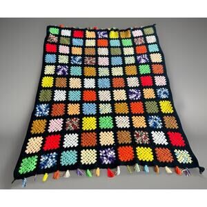 Vintage 70s Crochet Granny Square Black Multicolor Afghan Throw Blanket 53x68